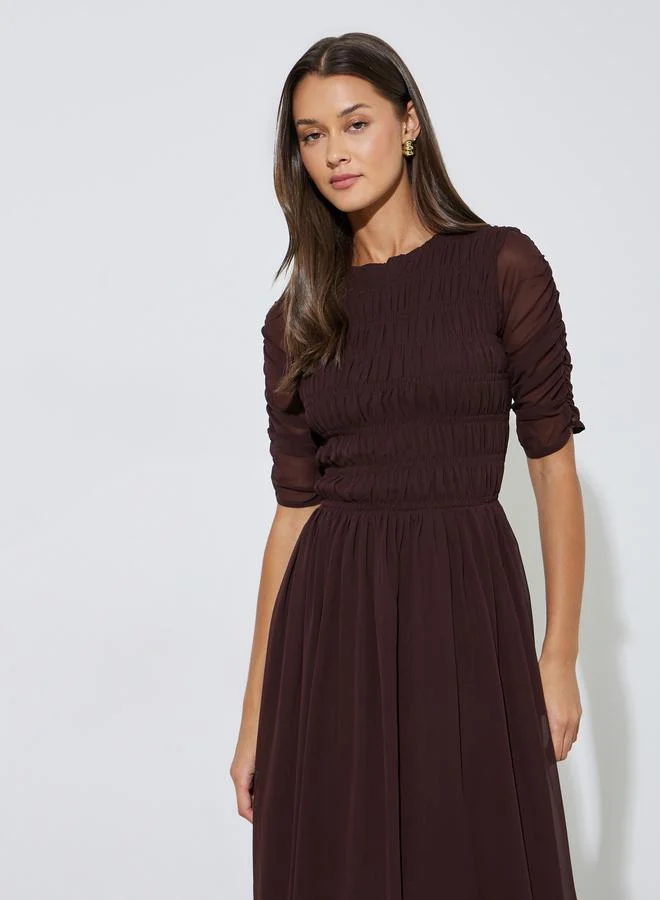 Styli  Brown Solid Smoked Details A-Line Maxi Dress for Women | Best Price UAE