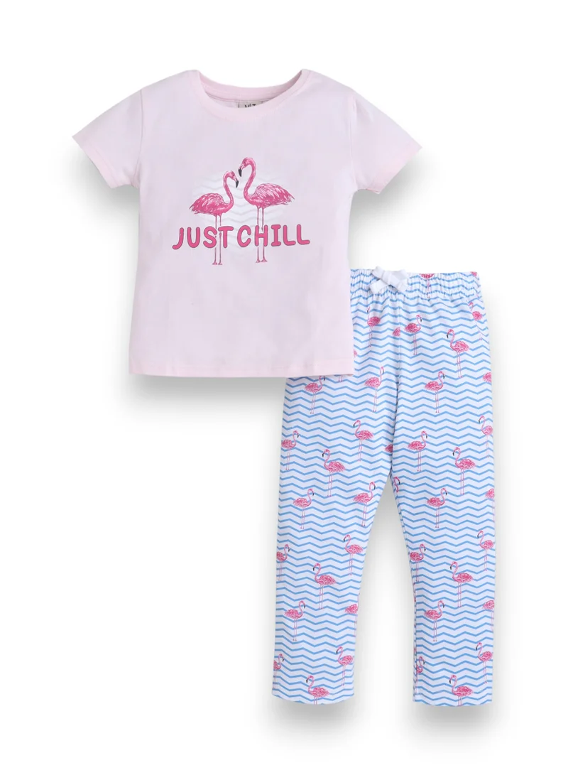 victor and jane Girls Flamingo Print Cotton Pajama Set – T-Shirt & Full Pants Nightwear