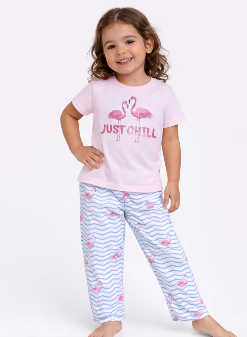 victor and jane Girls Flamingo Print Cotton Pajama Set – T-Shirt & Full Pants Nightwear