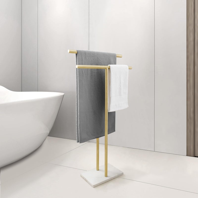 EADOT 40 Inch Standing Towel Rack for Bathroom Floor Double-T Shape Bath Sheet Holder with Marble Design Base Towel Rack Freestanding Next to Tub or Shower Towel Holder Stand SUS304 Brushed Gold - Image 4