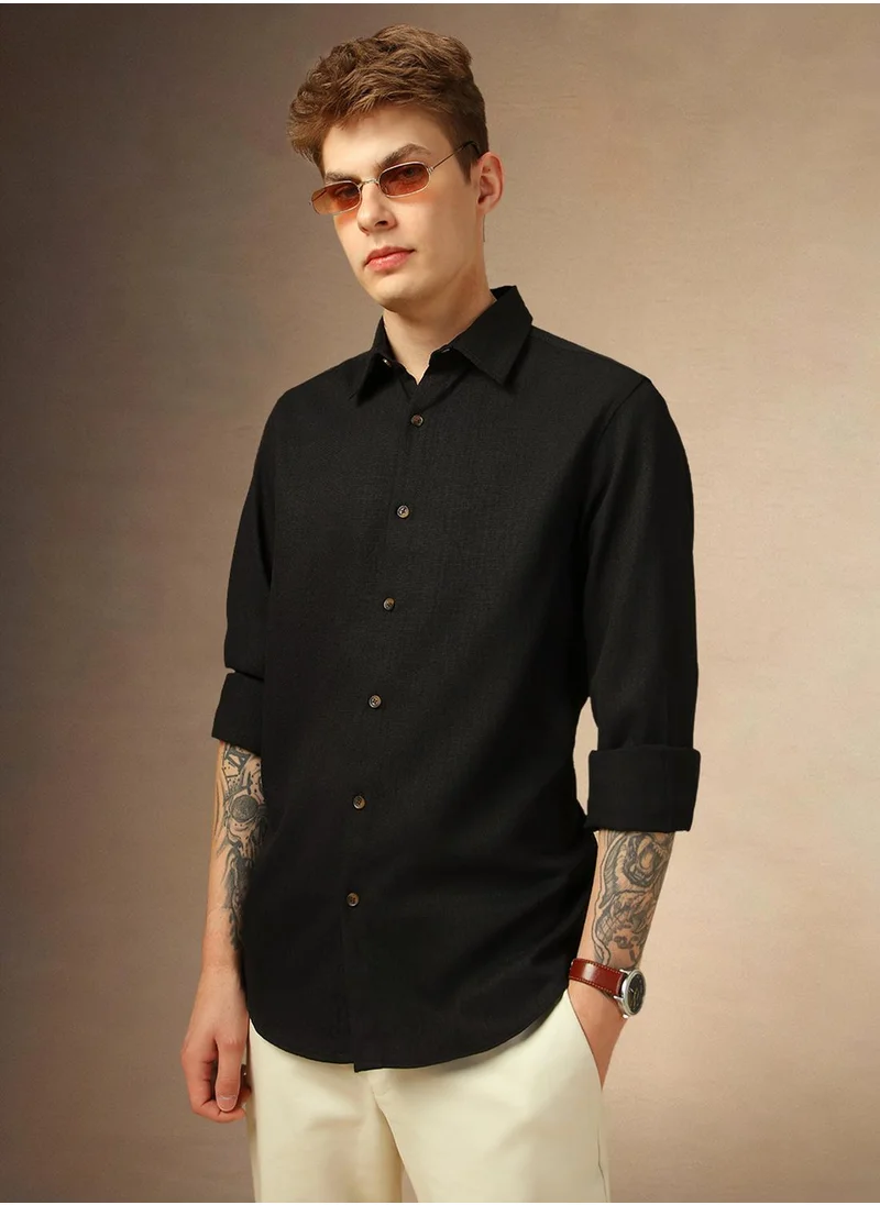 دينيس لينغو Men's Black 100% Polyester Textured Shirt