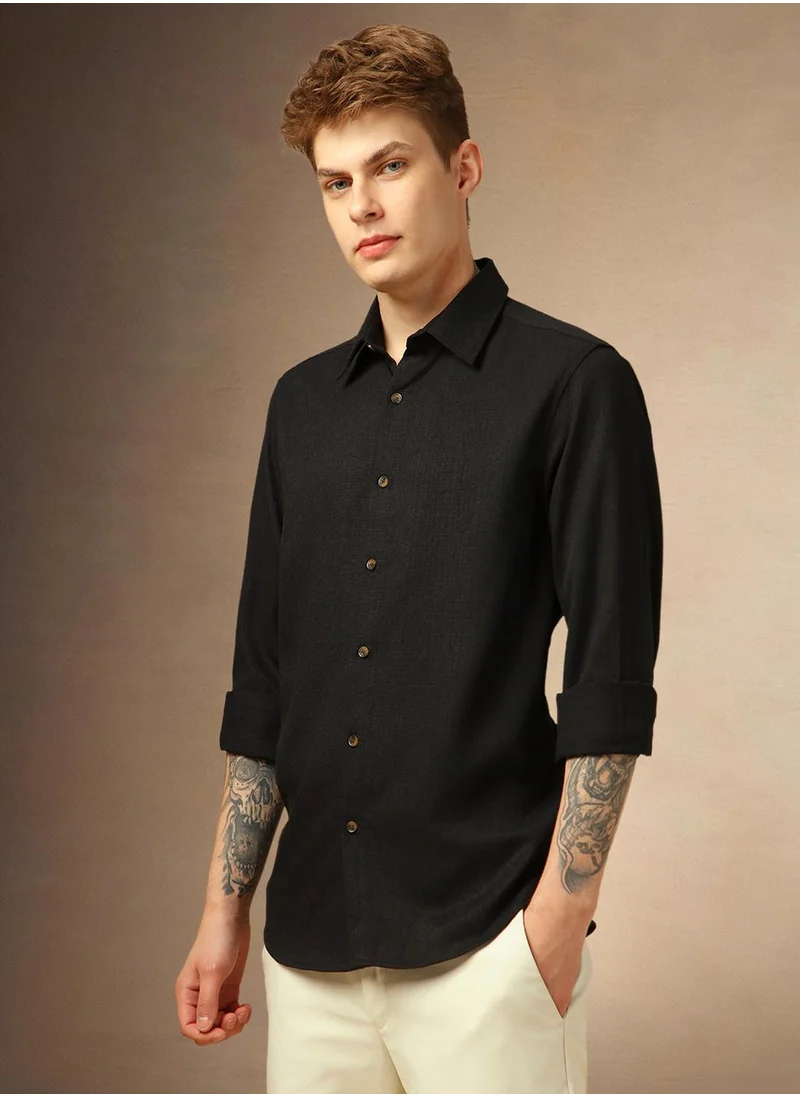 دينيس لينغو Men's Black 100% Polyester Textured Shirt