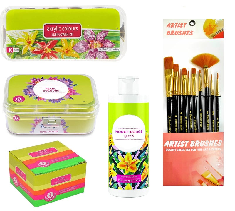 Definite Art Fevicryl Acrylic & Specialty Kits - 10 Colors, 4 Neon Colors, 6 Pearl Colors, 120ml Modge Podge & Paint Brush Set for Acrylic, Watercolor & Multi-Surface Painting - Image 1