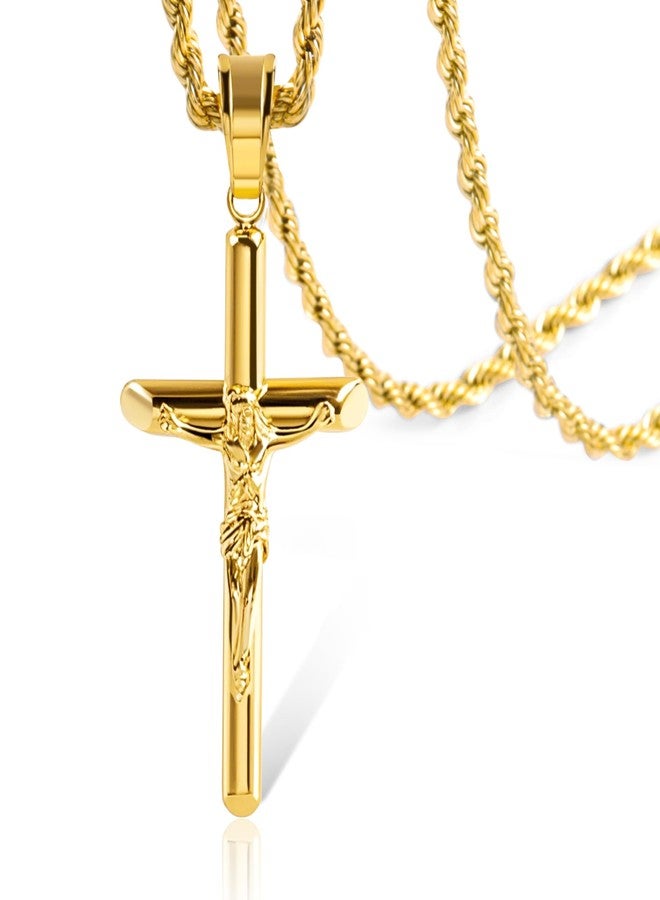 ALEXCRAFT Gold Plated Cross Necklace for Men Gold Cross Necklaces for Women Trendy Stainless Steel Crucifix Pendant with 3mm 21inch Rope Chain - Image 1