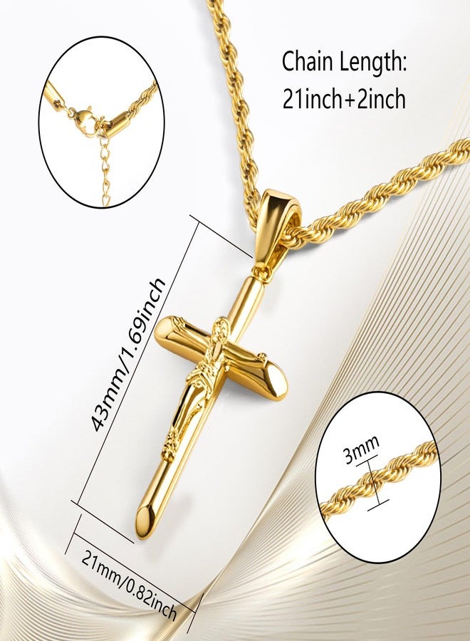 ALEXCRAFT Gold Plated Cross Necklace for Men Gold Cross Necklaces for Women Trendy Stainless Steel Crucifix Pendant with 3mm 21inch Rope Chain - Image 3