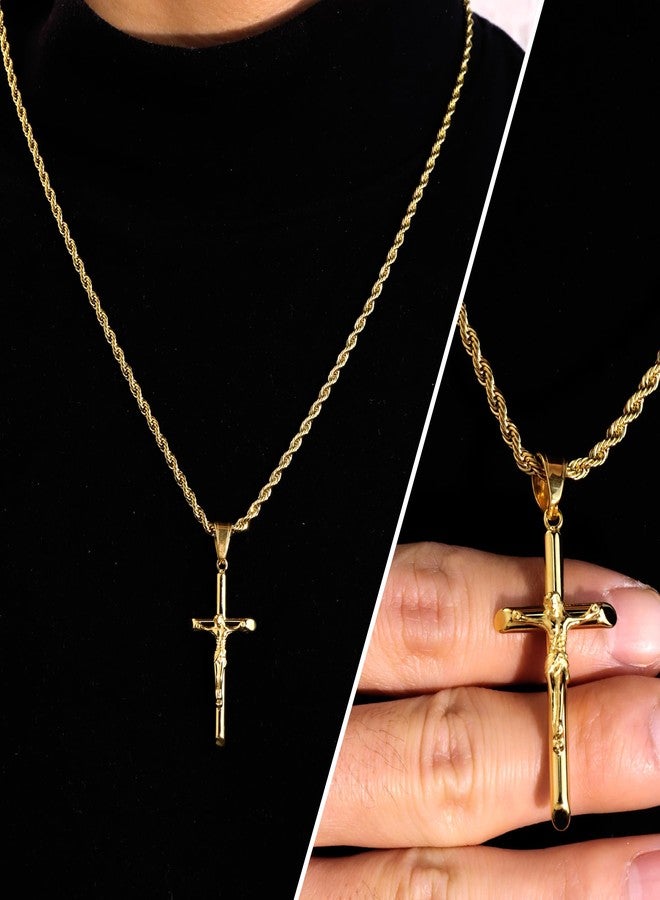 ALEXCRAFT Gold Plated Cross Necklace for Men Gold Cross Necklaces for Women Trendy Stainless Steel Crucifix Pendant with 3mm 21inch Rope Chain - Image 2