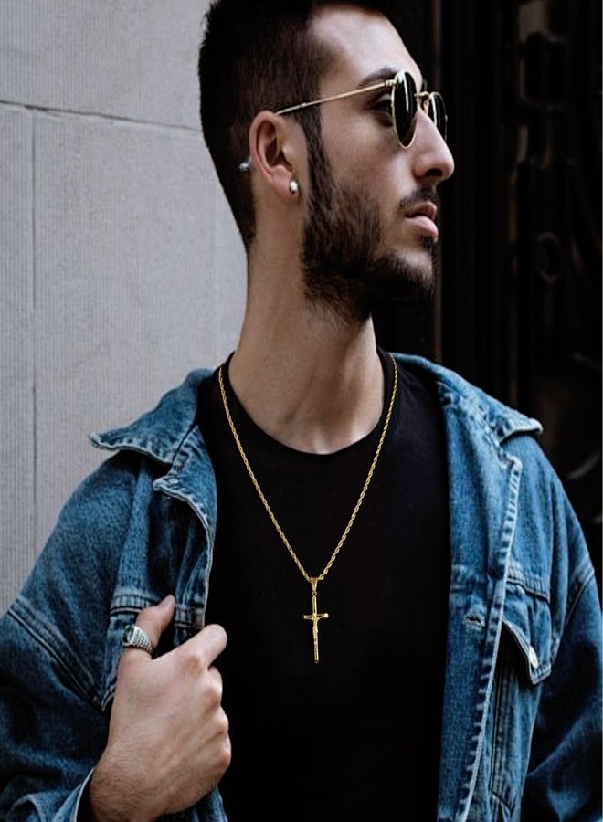ALEXCRAFT Gold Plated Cross Necklace for Men Gold Cross Necklaces for Women Trendy Stainless Steel Crucifix Pendant with 3mm 21inch Rope Chain - Image 4
