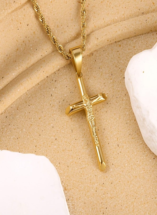 ALEXCRAFT Gold Plated Cross Necklace for Men Gold Cross Necklaces for Women Trendy Stainless Steel Crucifix Pendant with 3mm 21inch Rope Chain - Image 5