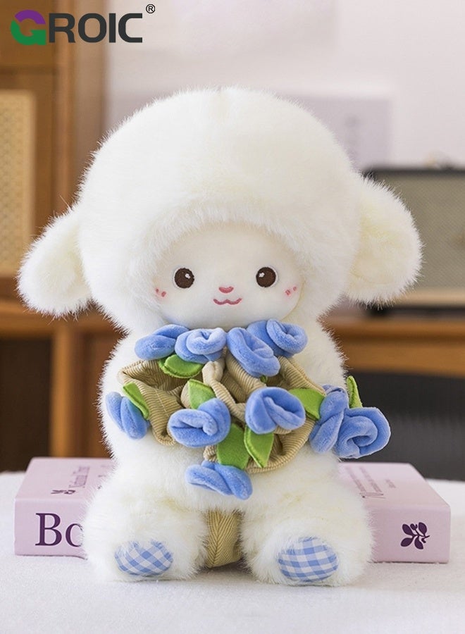 GROIC 30CM Lamb Plush Toy, Magnetic Stuffed Animal with Floral Hat, Soft Fluffy Sheep Doll for Kids and Adults, Cute Gift for Girls and Flower Lovers, Ultra Soft and Interactive Cuddly Toy, Blue Rose Plush Toy - Image 2