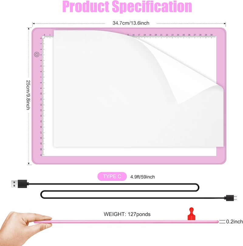 Comzler A4 LED Light Board, 3 Level Dimmable Brightness USB Power Artcraft Light Table for Tracing, Light Drawing Sketch Pad for Animation, Sketching, Drawing, Stenciling, Artists - Pink - Image 4
