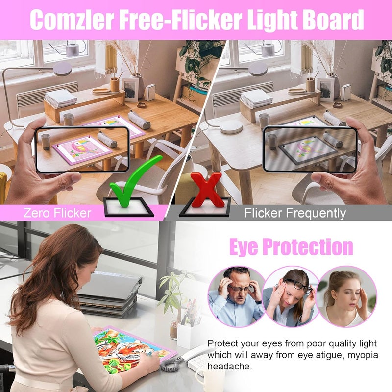 Comzler A4 LED Light Board, 3 Level Dimmable Brightness USB Power Artcraft Light Table for Tracing, Light Drawing Sketch Pad for Animation, Sketching, Drawing, Stenciling, Artists - Pink - Image 2