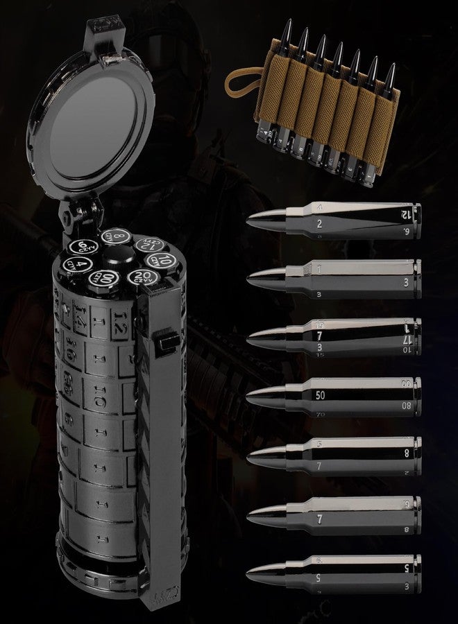 CZYY Rifle Bullet Dice Set - Solid Metal 7 Polyhedral Dice Set with Spinning Container Case & Cartridge Holder Belt - Perfect Role Playing Dice Set for DND, Tabletop Games (Black) - Image 1