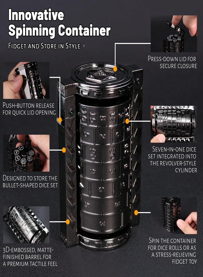 CZYY Rifle Bullet Dice Set - Solid Metal 7 Polyhedral Dice Set with Spinning Container Case & Cartridge Holder Belt - Perfect Role Playing Dice Set for DND, Tabletop Games (Black) - Image 3