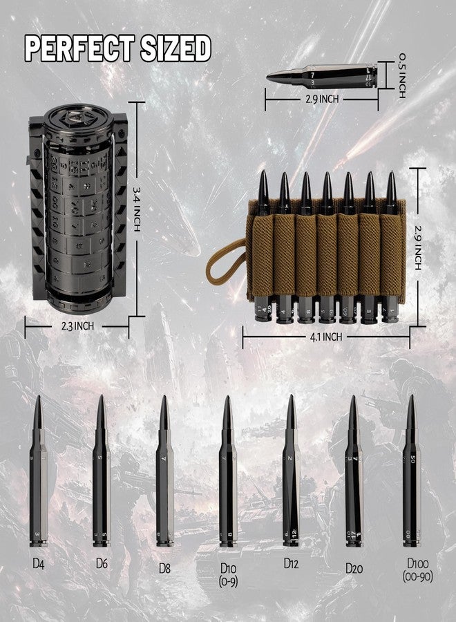 CZYY Rifle Bullet Dice Set - Solid Metal 7 Polyhedral Dice Set with Spinning Container Case & Cartridge Holder Belt - Perfect Role Playing Dice Set for DND, Tabletop Games (Black) - Image 4