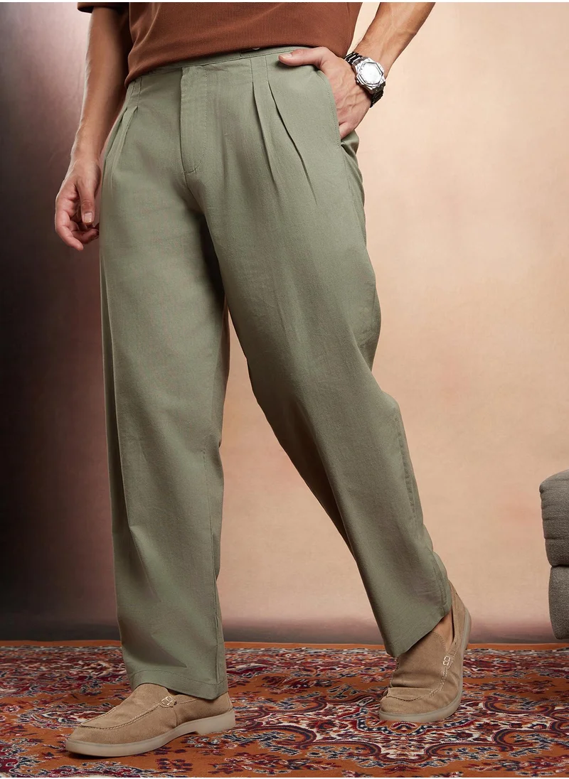 كامبوس سوترا Campus Sutra Men's Mocha Brown Linen-Blend Cigrette Trousers For Casual Wear | Mid-Rise | Regular Fit | Button Closure | Trousers Crafted With Comfort Fit For Everyday Wear