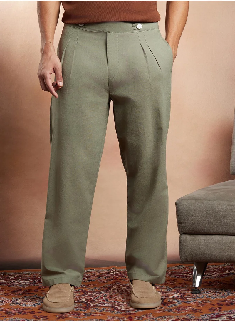 كامبوس سوترا Campus Sutra Men's Mocha Brown Linen-Blend Cigrette Trousers For Casual Wear | Mid-Rise | Regular Fit | Button Closure | Trousers Crafted With Comfort Fit For Everyday Wear