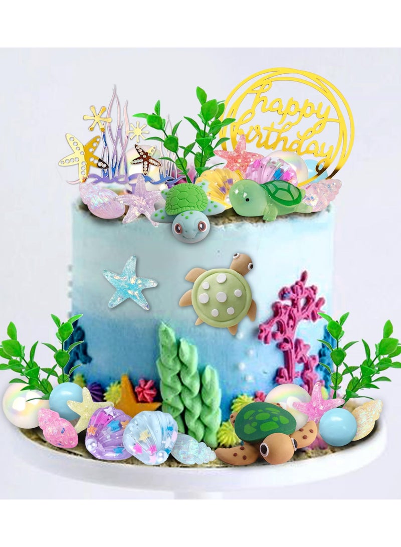 Zikra Cake Toppers, 34Pcs Turtle Cake Topper Under the Sea Cake Decoration with Ocean Turtle Starfish Conch and Seashells for Sea Theme Birthday Party Baby Shower Supplies - Image 3