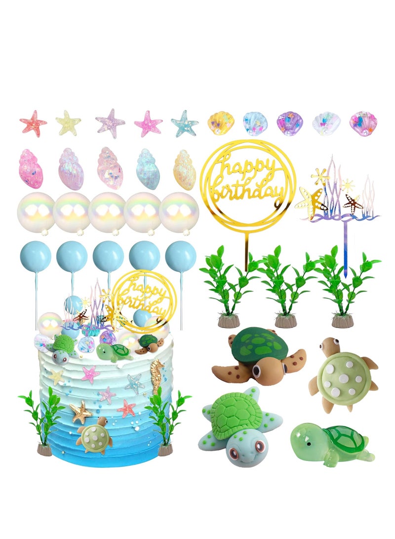 Zikra Cake Toppers, 34Pcs Turtle Cake Topper Under the Sea Cake Decoration with Ocean Turtle Starfish Conch and Seashells for Sea Theme Birthday Party Baby Shower Supplies - Image 1
