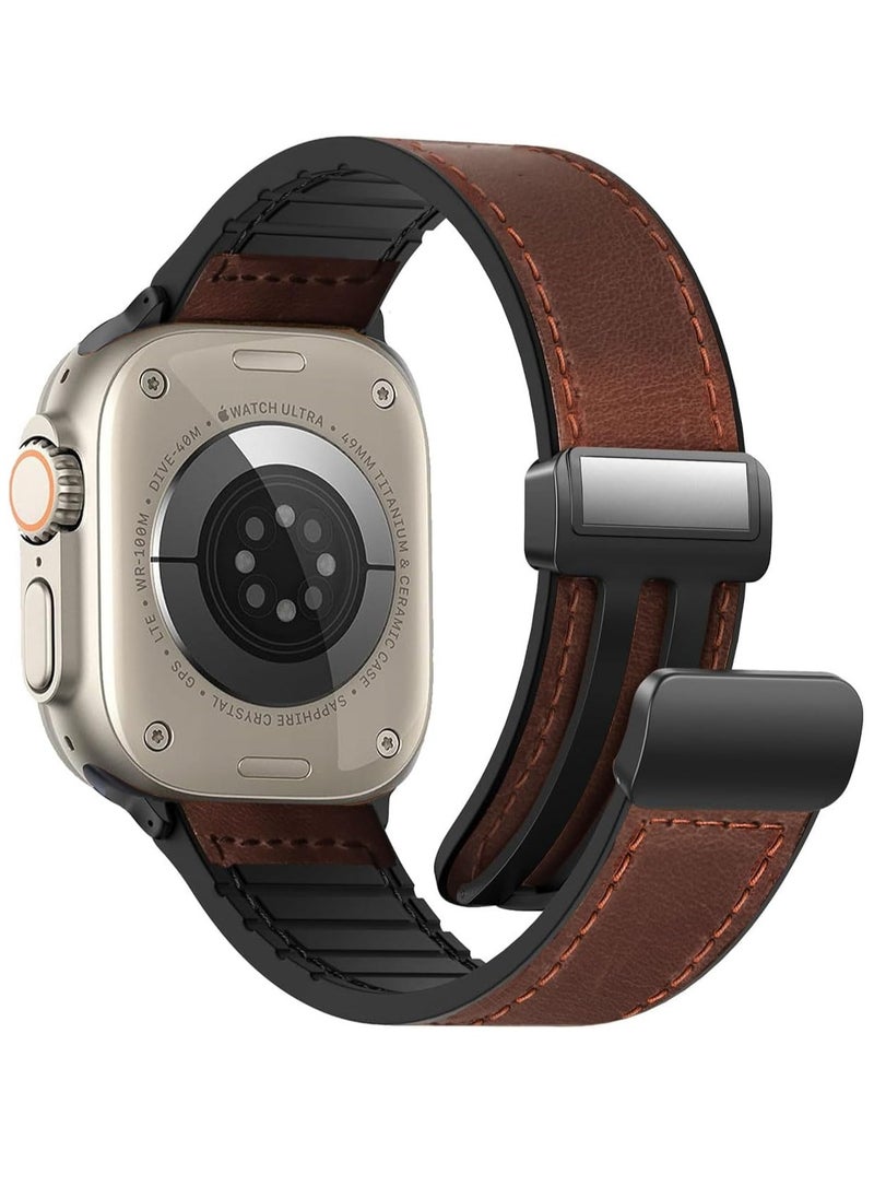 Mmmon - Magnetic Leather Watch Band Compatible with Apple Watch Band 49mm 45mm 44mm 42mm, Genuine Leather with Magnetic Buckle Replacement Strap Compatible with Apple Watch Ultra Series - Image 1