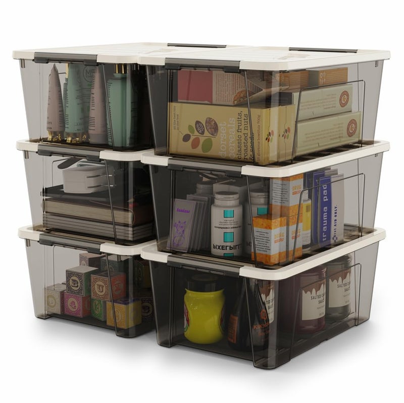 WYT Small Clear 5-Quart Plastic Storage Container Bin with Khaki Secure Lid and Black Latch Buckles, Durable Stackable Nestable Organizin, 6-Pack - Image 1