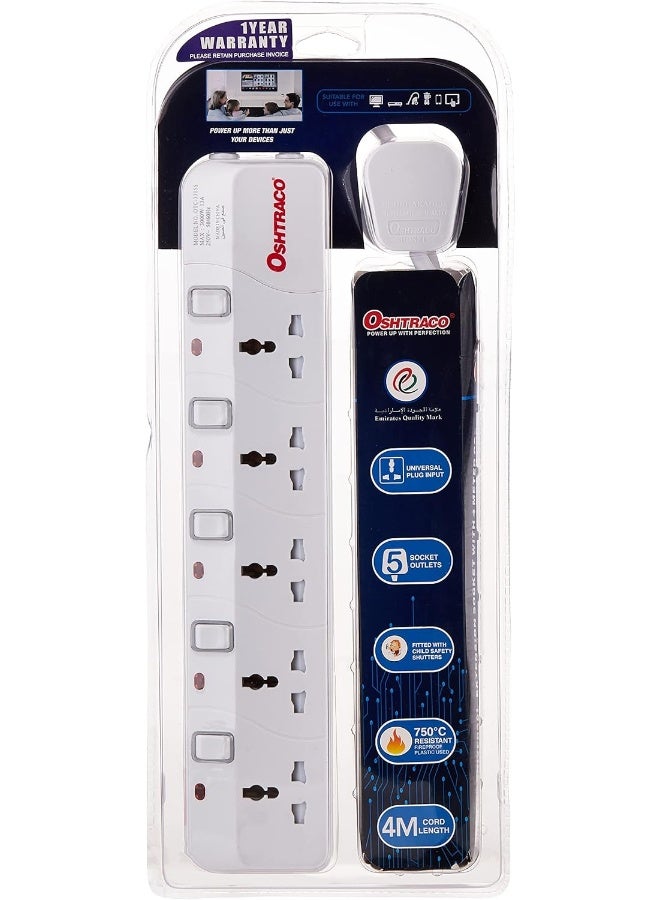 OSHTRACO شريط الطاقة OSHTRACO مع 5 مآخذ، محول عالمي لحماية من زيادة التيار، مع سلك مرن بطول 4 متر - Image 1