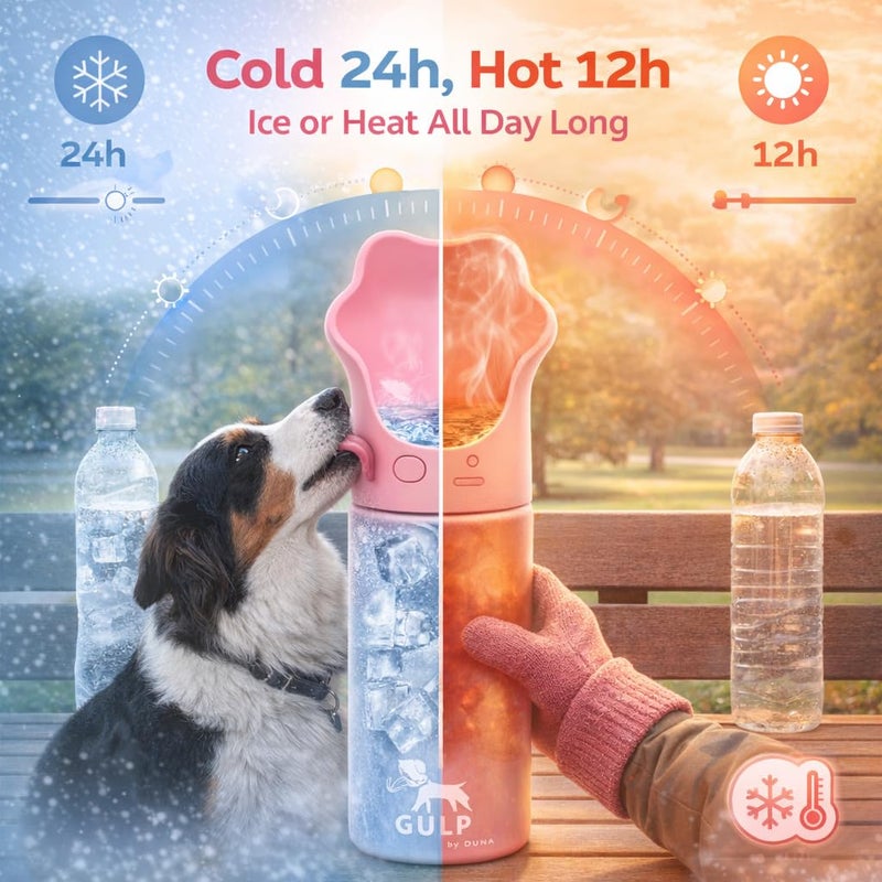 Duna Gulp 18oz Dog Travel Water Bottle with Paw-Shaped Bowl - Insulated Stainless Steel, Leakproof & Portable with Carry Strap for Outdoor Walking, Hiking & Pet Hydration on-The-Go - Pink - Image 3