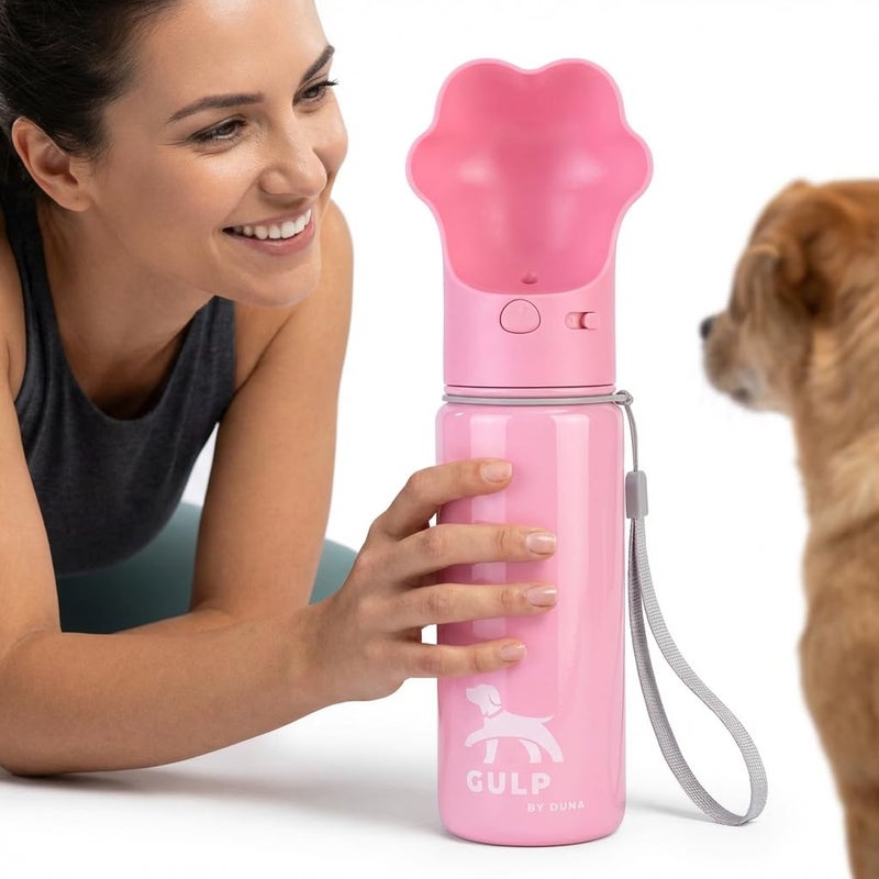 Duna Gulp 18oz Dog Travel Water Bottle with Paw-Shaped Bowl - Insulated Stainless Steel, Leakproof & Portable with Carry Strap for Outdoor Walking, Hiking & Pet Hydration on-The-Go - Pink - Image 1