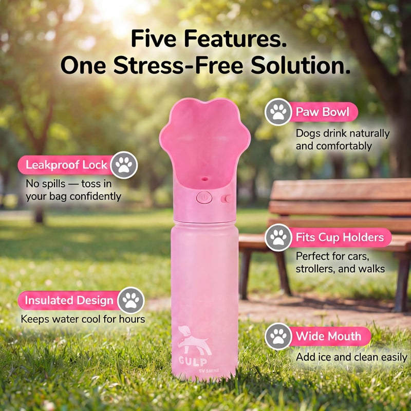 Duna Gulp 18oz Dog Travel Water Bottle with Paw-Shaped Bowl - Insulated Stainless Steel, Leakproof & Portable with Carry Strap for Outdoor Walking, Hiking & Pet Hydration on-The-Go - Pink - Image 2