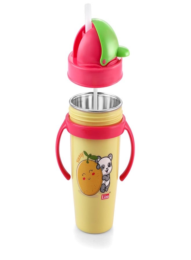 Zerya Inner Stainless Steel Outer Plastic 360ml BPA-Free Cute Animal Design Baby Sipper Kids Water Bottle with Straw and Side Handle for Kids (Gravity - Yellow) - Image 1
