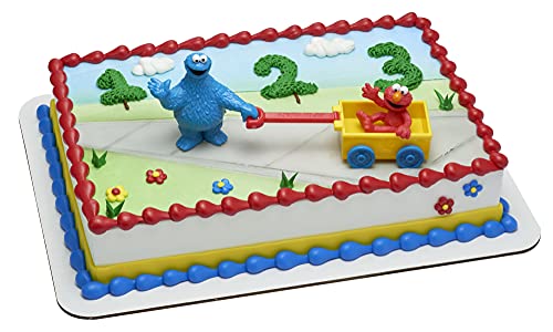DecoPac DecoSet Sesame Street Lets Play Cake Topper 2Piece Birthday Cake Decoration with Cookie Monster and Elmo in a FreeWheeling Wagon Ready to Use Food Safe - Image 1