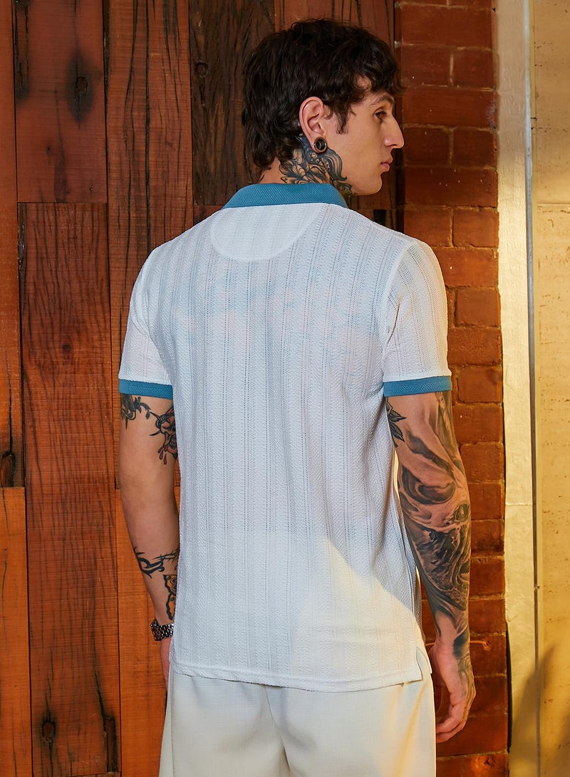 Campus Sutra Campus Sutra Men's White & Blue Contrast Texture Polo T-Shirt For Casual Wear | Polo Neck | Short Cuffed Sleeves | Half-Button Closure | T-Shirt Crafted With Comfort Fit For Everyday Wear  - Image 5