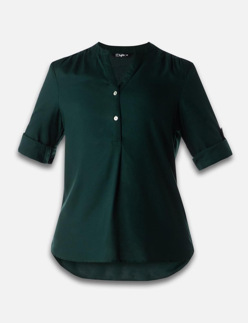 FYLTR Women's Casual Lightweight Top - Roll Up Sleeve | Twin Button Placket | Soft & Comfortable (Emerald Green, S) - Image 4