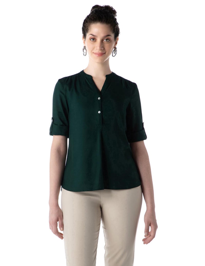 FYLTR Women's Casual Lightweight Top - Roll Up Sleeve | Twin Button Placket | Soft & Comfortable (Emerald Green, S) - Image 1