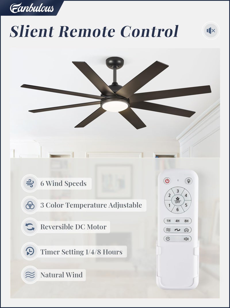 Fanbulous Ceiling Fans with Lights, 60 inch Black Ceiling Fan with Light and Remote, Outdoor Ceiling Fans for Living Room Patio, 6 Speeds, Reversible Quiet DC Motor, 3 CCT, Bi-color 8 Blades - Image 2