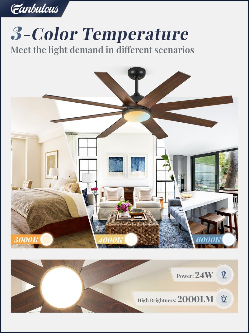 Fanbulous Ceiling Fans with Lights, 60 inch Black Ceiling Fan with Light and Remote, Outdoor Ceiling Fans for Living Room Patio, 6 Speeds, Reversible Quiet DC Motor, 3 CCT, Bi-color 8 Blades - Image 3