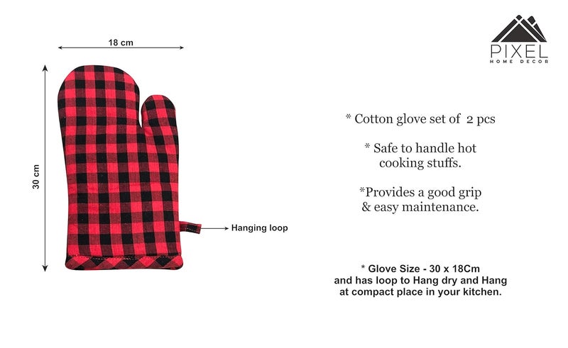 PIXEL HOME Cotton Microwave Oven Mittens - Set of 2 Heat Resistant Gloves (Red & Black Check) - Image 3