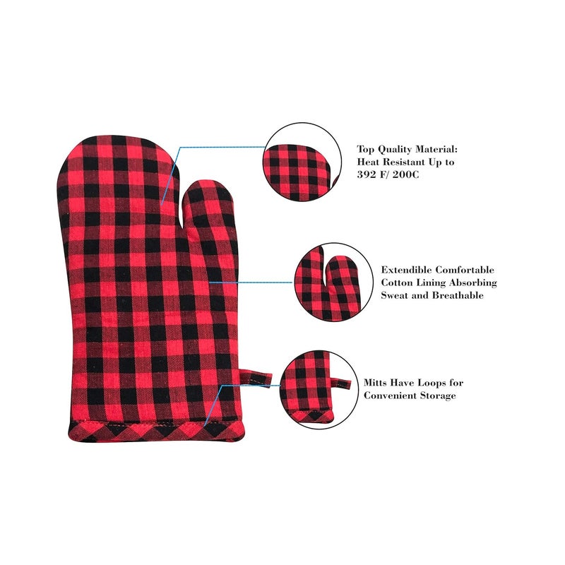PIXEL HOME Cotton Microwave Oven Mittens - Set of 2 Heat Resistant Gloves (Red & Black Check) - Image 5