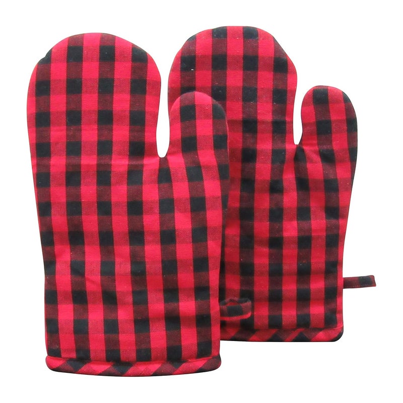 PIXEL HOME Cotton Microwave Oven Mittens - Set of 2 Heat Resistant Gloves (Red & Black Check) - Image 1