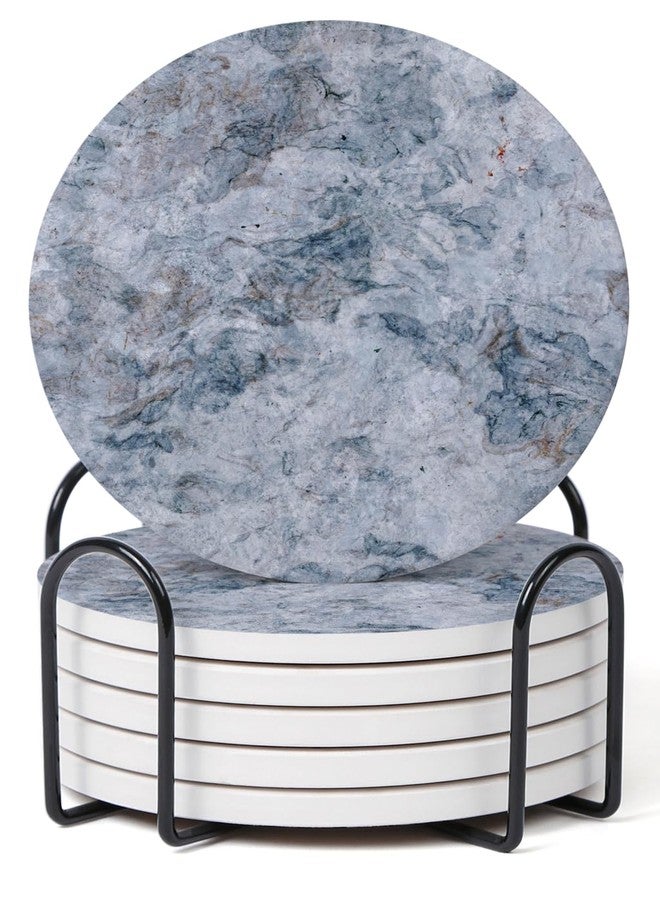Hoomey Set of 6 Blue Abstract Onyx Marble Coasters with Holder, Absorbent Ceramic Coasters for Drinks, Coasters with Cork Backing for Table Protection, Home Decor, Coffee Table Decor - Image 1