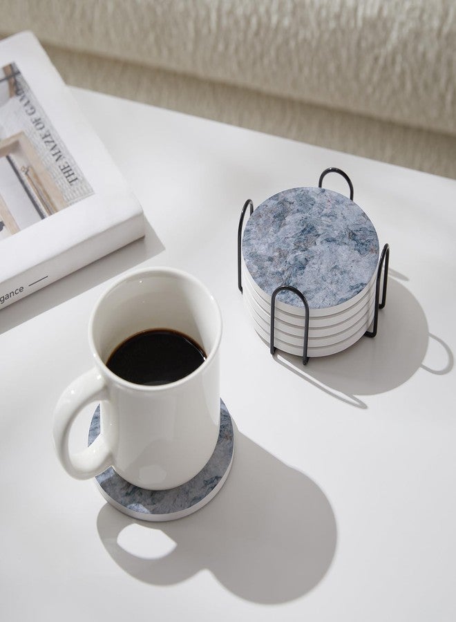 Hoomey Set of 6 Blue Abstract Onyx Marble Coasters with Holder, Absorbent Ceramic Coasters for Drinks, Coasters with Cork Backing for Table Protection, Home Decor, Coffee Table Decor - Image 5