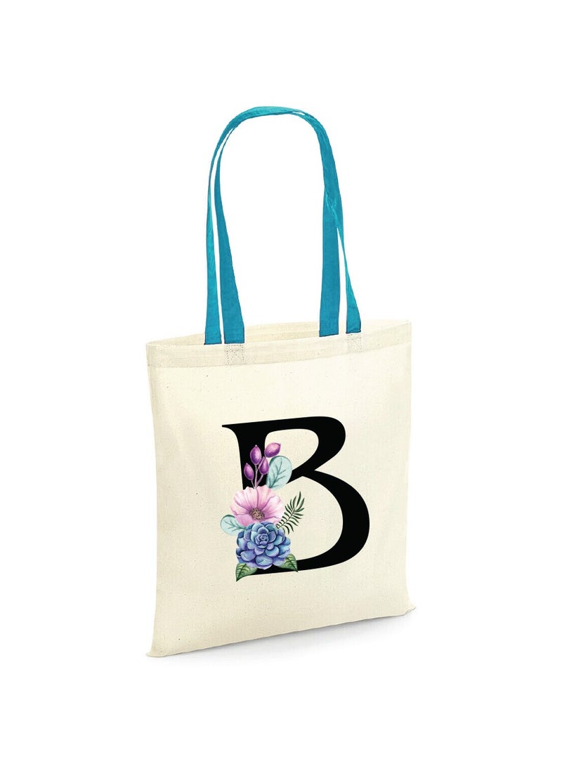PRINTSHOP4ME Initial Letters Canvas Cotton Tote Bag With Blue Handle-Ideal Gifts For Bridesmaids-Party Bag  - Image 1