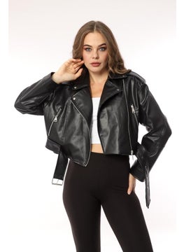 Famebag Women's Black Slimfit Belted Leather Coat-Jacket  - Image 2