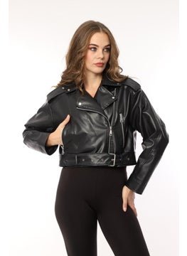 Famebag Women's Black Slimfit Belted Leather Coat-Jacket  - Image 3