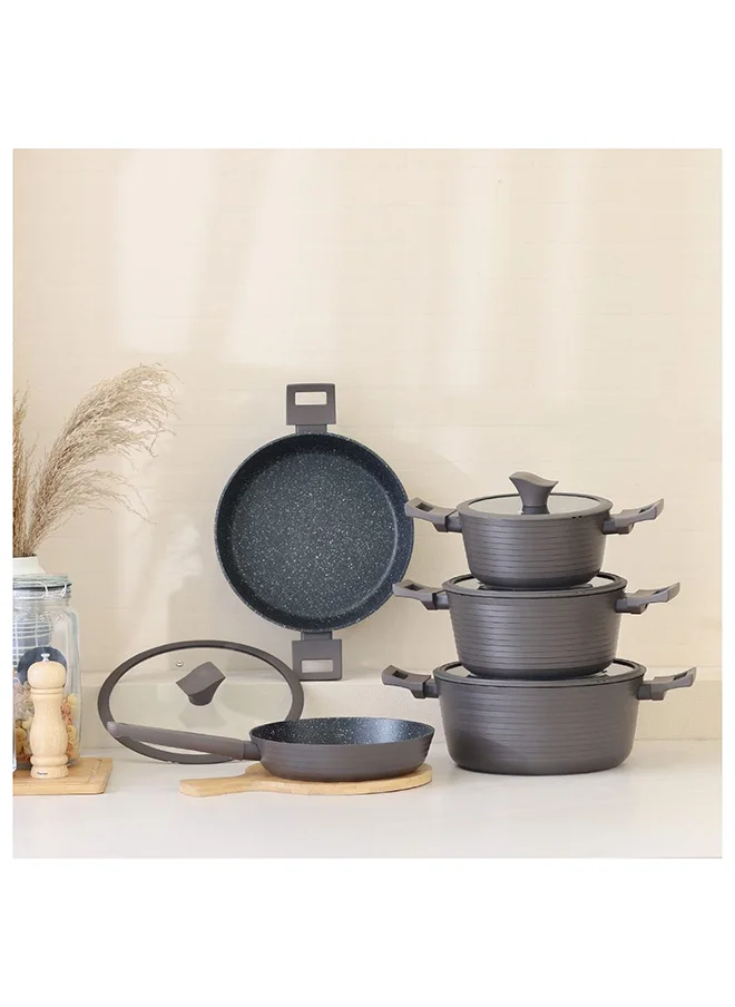 دانوب هوم Essence 9 Piece Midnight Cross Cookware Set Forged Aluminum Material Cook Ware Set For Home Kitchen 3.2/3.7Mm 60X37X18 Cm Brown