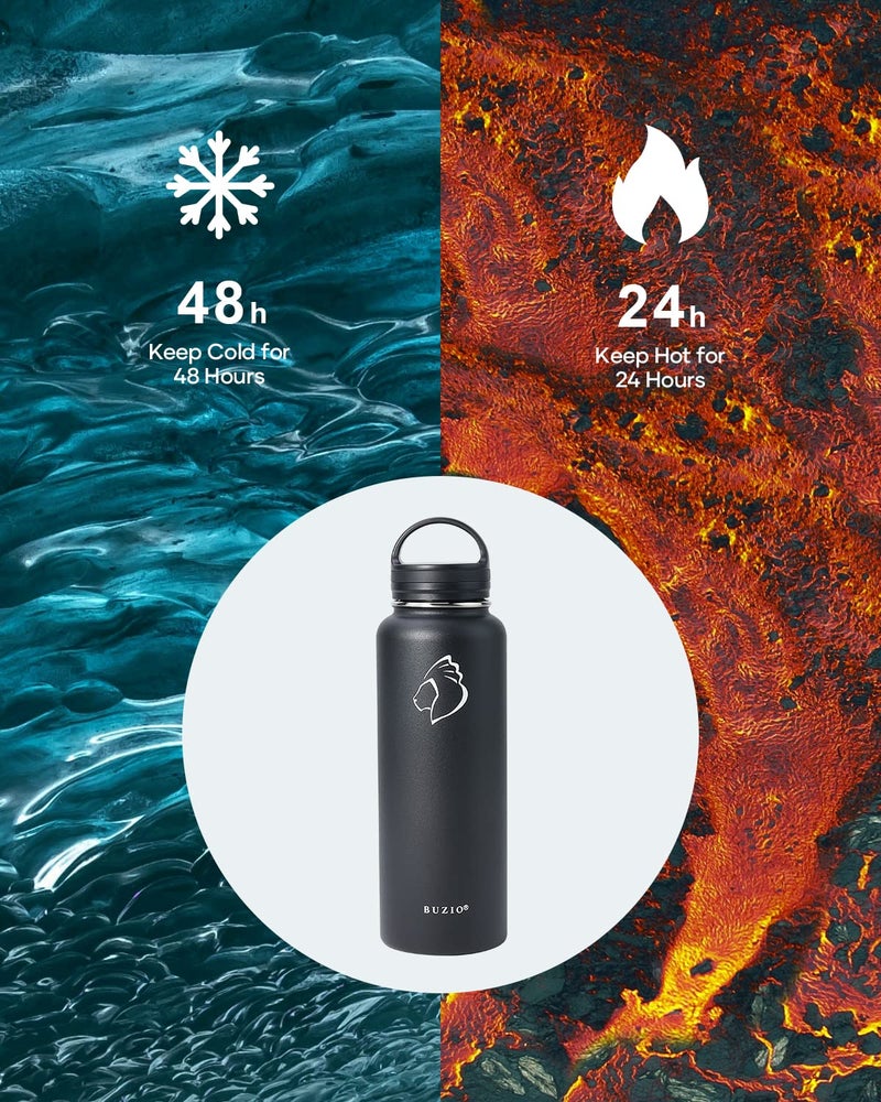 BUZIO 40 oz Water Bottle Insulated with Straw & 3 lid and Carrying Pouch, Leak Proof Anti-Slip Stainless Steel Water Flask Jug, Cold for 48 Hrs Double Vacuum Thermo Canteen, BPA-Free, Black - Image 2