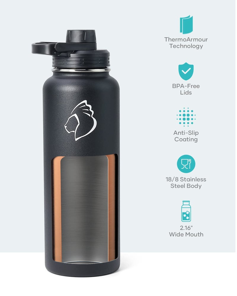 BUZIO 40 oz Water Bottle Insulated with Straw & 3 lid and Carrying Pouch, Leak Proof Anti-Slip Stainless Steel Water Flask Jug, Cold for 48 Hrs Double Vacuum Thermo Canteen, BPA-Free, Black - Image 4