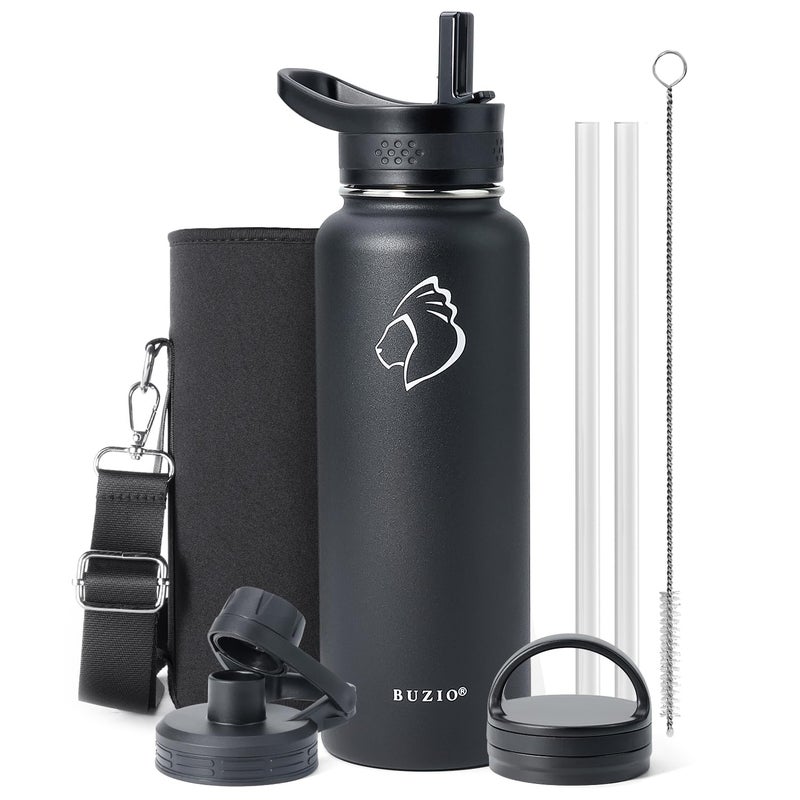 BUZIO 40 oz Water Bottle Insulated with Straw & 3 lid and Carrying Pouch, Leak Proof Anti-Slip Stainless Steel Water Flask Jug, Cold for 48 Hrs Double Vacuum Thermo Canteen, BPA-Free, Black - Image 1