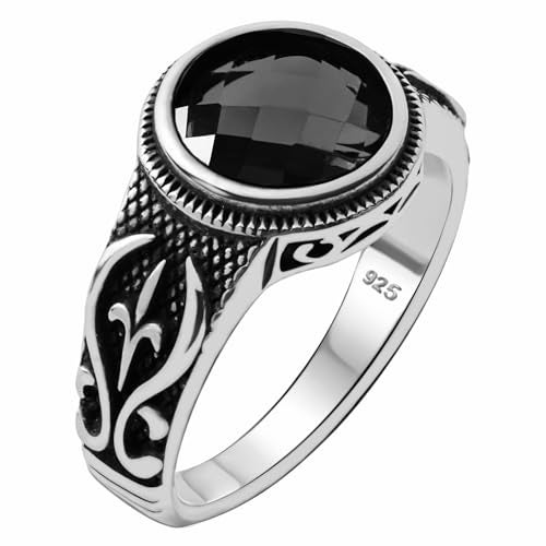 Alpha Rock Genuine Solid 925 Sterling Silver, Simulated Faceted Black Diamond Stone, Authentic Vintage Turkish Ottoman Style Anatolian Motif Ring for Men (Simulated Black Diamond, 7) - Image 1