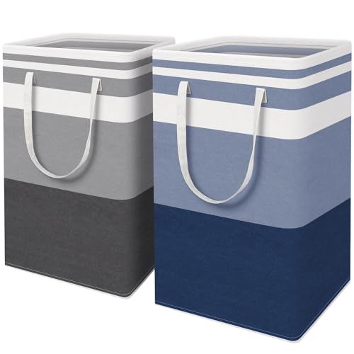 HomeHacks 2 Pack Large Laundry Baskets, Waterproof, Freestanding Laundry Hampers, Collapsible Clothes Hamper with Reinforced Handles in Laundry, College Dorm, Bathroom, Bedroom (Grey+Blue, 88Lx2) - Image 1