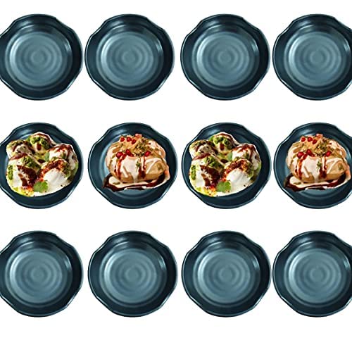 DECOR VIBES Melamine Dahi Bhalla and Chat Plate, Snack and Appetizer Plate, Tray for Party and Daily use Serving Platter, Unbreakable (Matt Black, Dia 6 Inch, Pack of 12) - Image 1